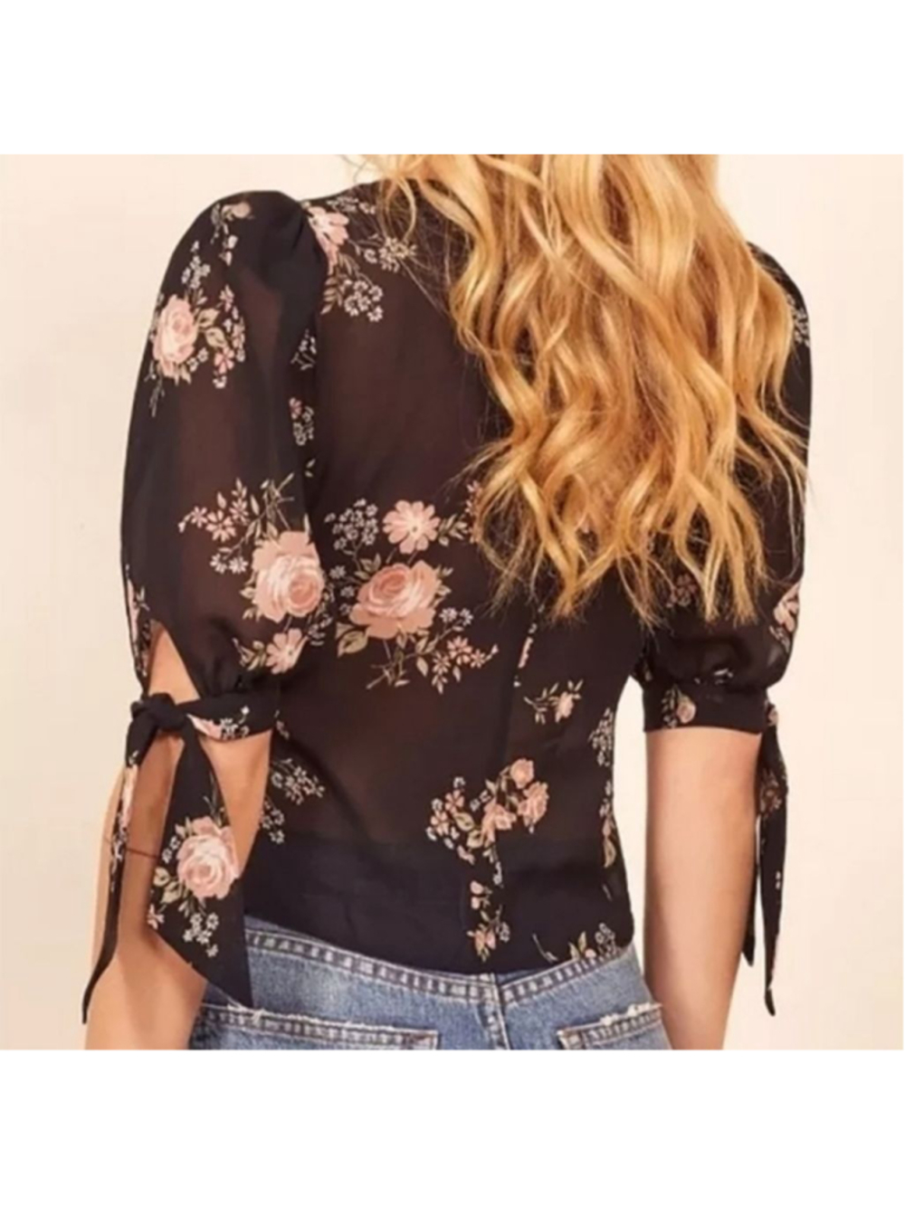 REFORMATION Ana Black Pink Floral V-Neck Button-Front Crop Top Blouse Size 0 - Picture 4 of 8